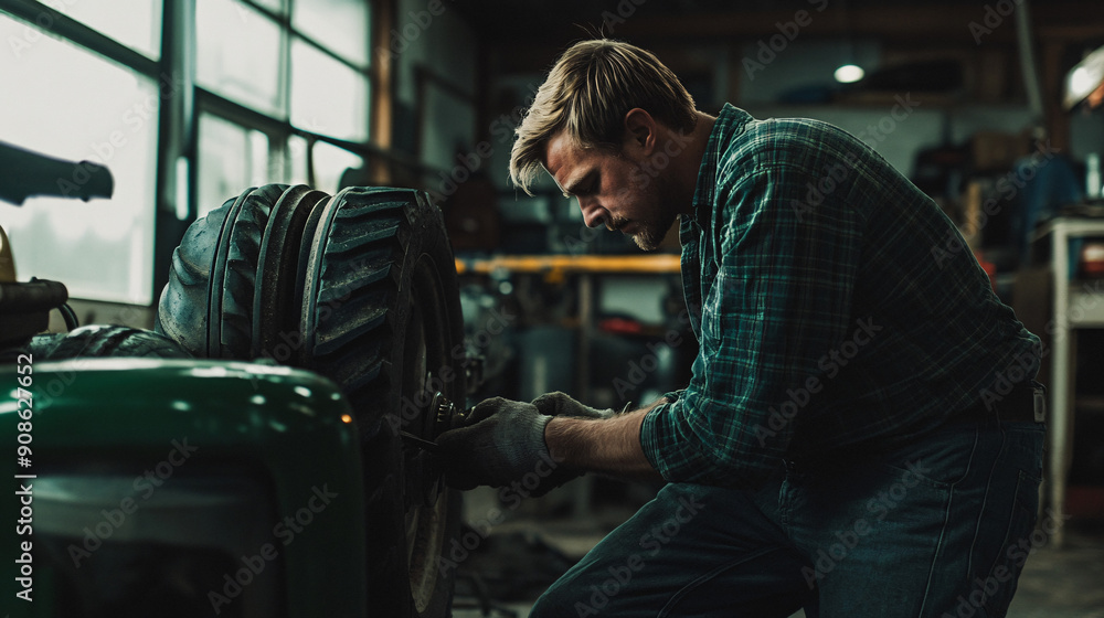 Photography of a farmer repairing farm equipment in a workshop, with high-resolution clarity highlighting the technical work and the well-organized workspace Photography of a farmer repairing farm equipment in a workshop, with high-resolution clarity highlighting the technical work and the well-organized workspace