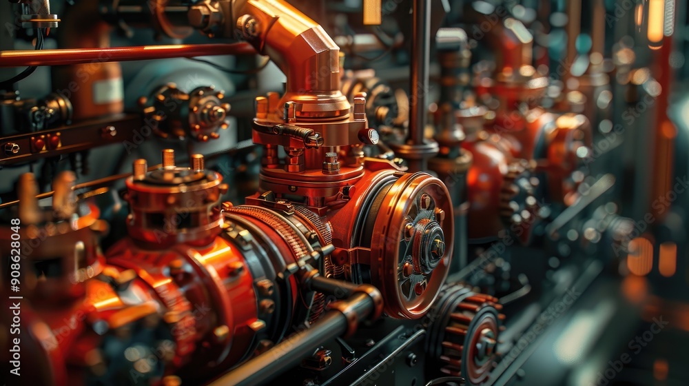 A close up of a machine with many red pipes and valves. The machine is old and rusty, giving it a vintage and industrial feel A close up of a machine with many red pipes and valves. The machine is old and rusty, giving it a vintage and industrial feel