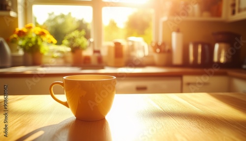 Rustic Charm: Sunlit Coffee Cup on Wooden Table in Country Kitchen, Embodying Cultural Heritage and Simple Joys. Cozy, Humble Home Ambiance Captured in High-Quality 4K Wallpaper. Perfect for Advertisi photo