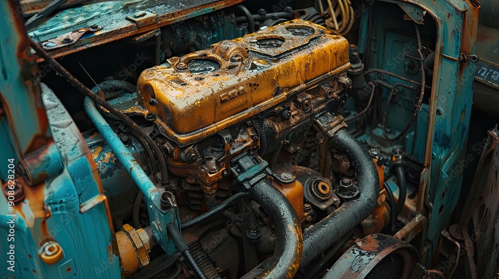 Fototapeta premium A yellow engine of a car is shown in a rusty and old condition. The engine is yellow and has three cylinders
