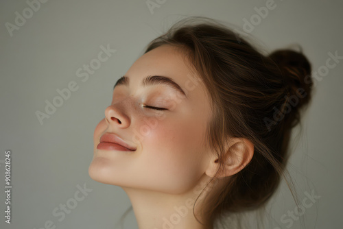 A close up of a girl's face with her eyes closed