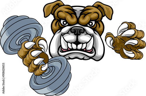 A bulldog dog weight lifting gym animal sports mascot holding a dumbbell in its claw