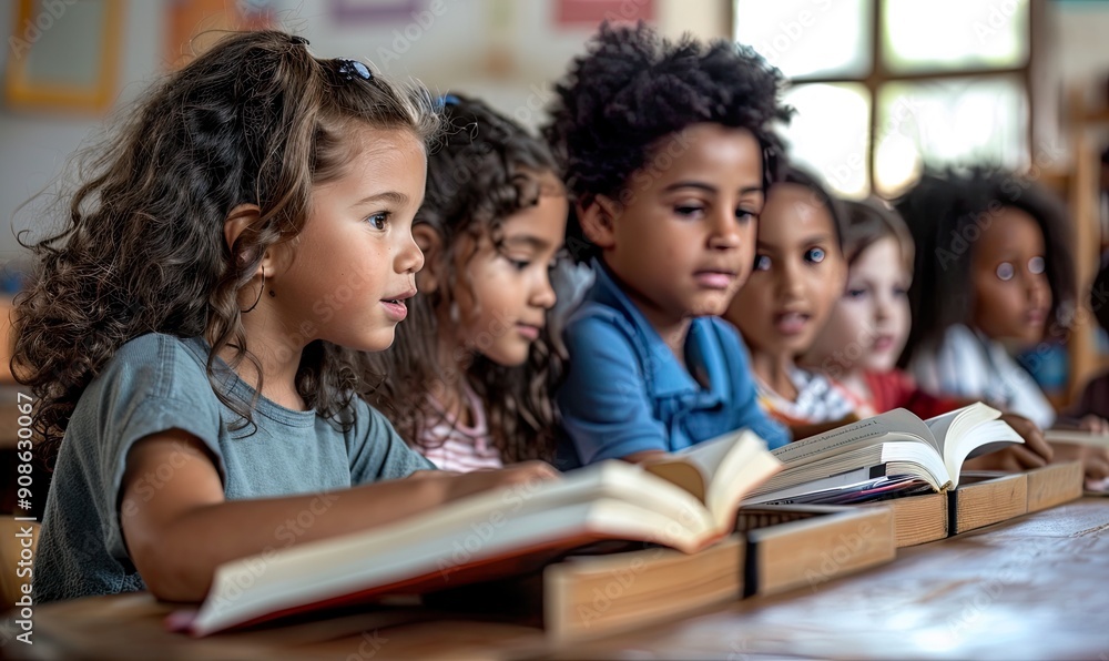 A group of diverse children concentrating on their work in a vibrant classroom setting, highlighting learning and education. A group of diverse children concentrating on their work in a vibrant classroom setting, highlighting learning and education.