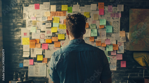 Photography of a graphic designer brainstorming ideas with sticky notes and sketches on a wall, with 4K resolution emphasizing the organized chaos and the creative process 