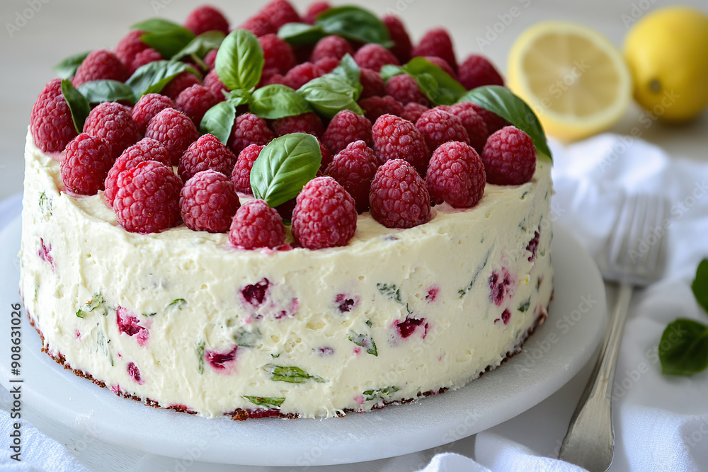 Gluten free raspberry lemon basil cake with fresh raspberries and basil leaf garnish Gluten free raspberry lemon basil cake with fresh raspberries and basil leaf garnish