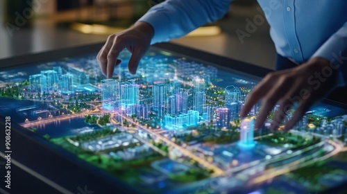 Leadership Decision Making A leader at a digital touch table, interacting with a holographic model of a city, making strategic decisions for urban development and planning