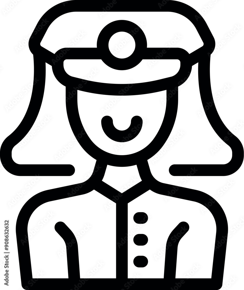 Line icon of a smiling policewoman wearing a uniform and a hat Line icon of a smiling policewoman wearing a uniform and a hat