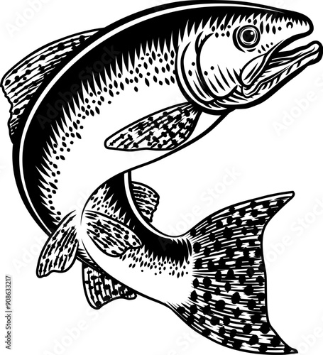 A salmon fish in a vintage antique etched woodcut style, fishing concept.