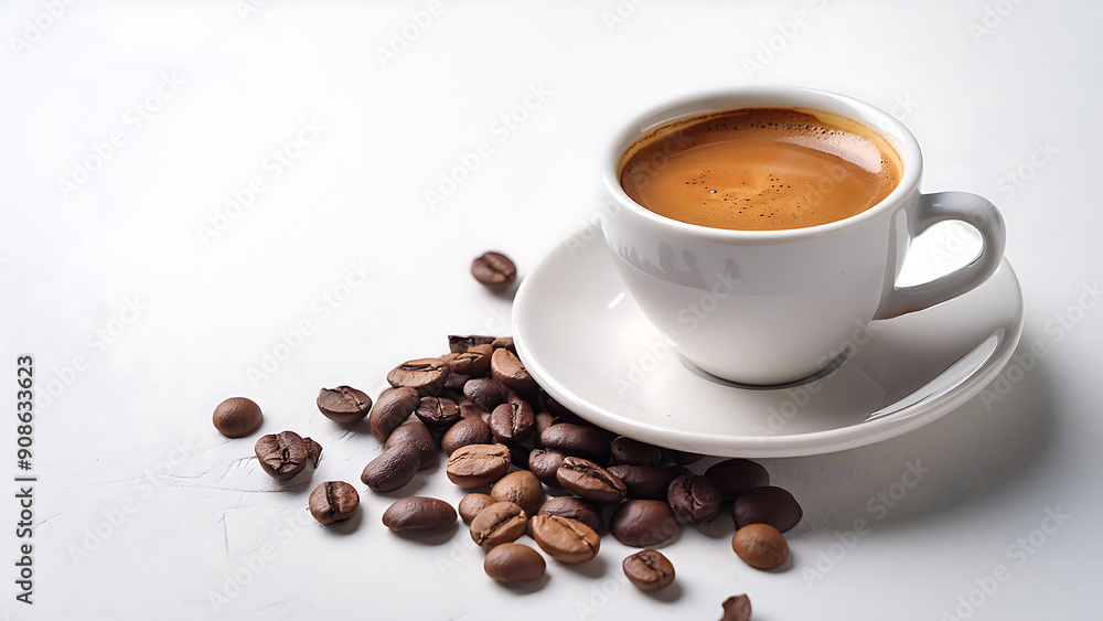 Fototapeta premium Espresso in White Cup with Coffee Beans on White Background
