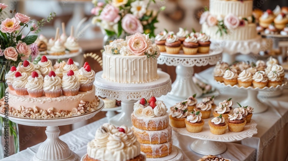An exquisite display of various pastel-colored cakes and cupcakes decorated with flowers and delicate frosting, perfect for a wedding or elegant celebration An exquisite display of various pastel-colored cakes and cupcakes decorated with flowers and delicate frosting, perfect for a wedding or elegant celebration