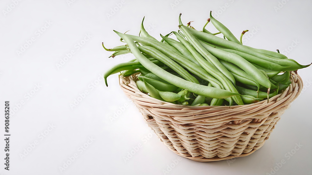 A wicker basket overflowing with fresh green beans A wicker basket overflowing with fresh green beans