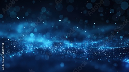 Dark blue glow particle explosion background with intricate details. Glistering lights create a futuristic effect. Digital illustration featuring energy, electricity, and technology elements.