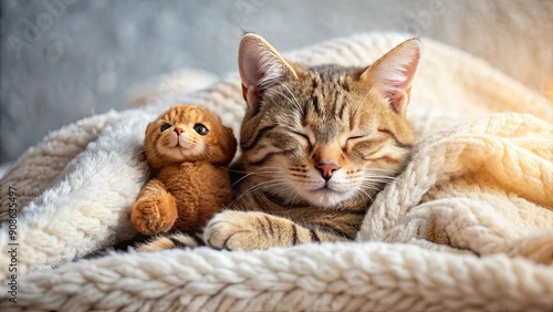 Cozy cat sleeping with teddy bear , Cozy, cat, sleeping, teddy bear, cute, pets, relaxation, peaceful, furry, adorable