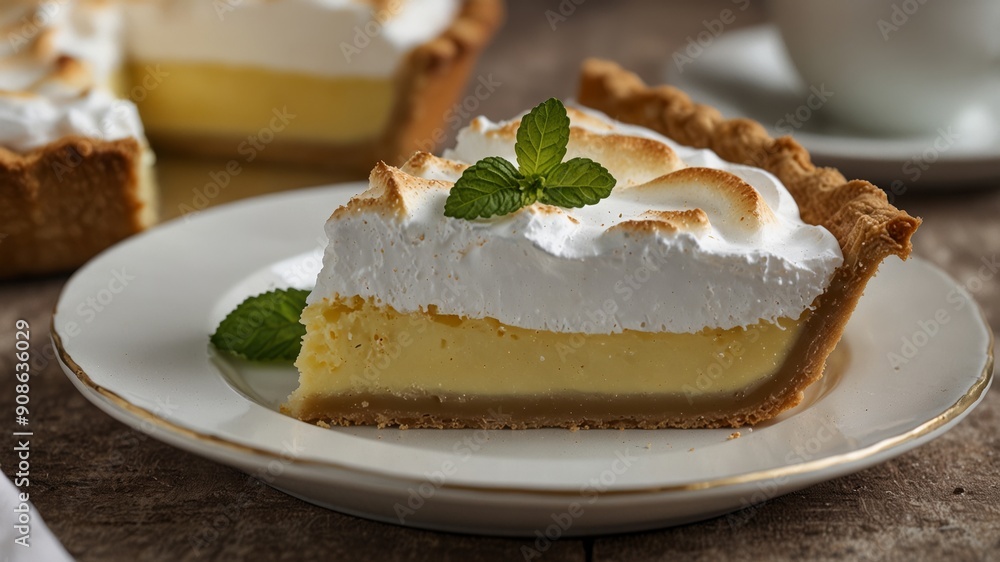 a slice of lemon meringue pie on a white ceramic plate a slice of lemon meringue pie on a white ceramic plate
