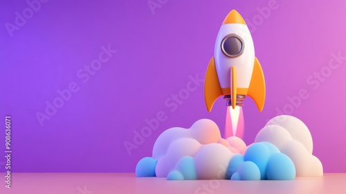 A rocket launching on a purple background