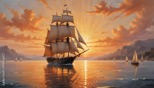 A Tall Ship Sailing at Sunset with Mountains and Other Sailboats in the Distance