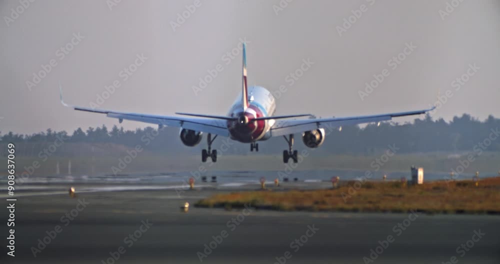 A passenger plane lands on the runway of the airport. Flights and air transport travel by plane. High quality 4k footage A passenger plane lands on the runway of the airport. Flights and air transport travel by plane. High quality 4k footage