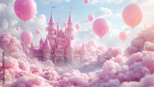 Magical Pink Princess Castle Among Clouds and Balloons