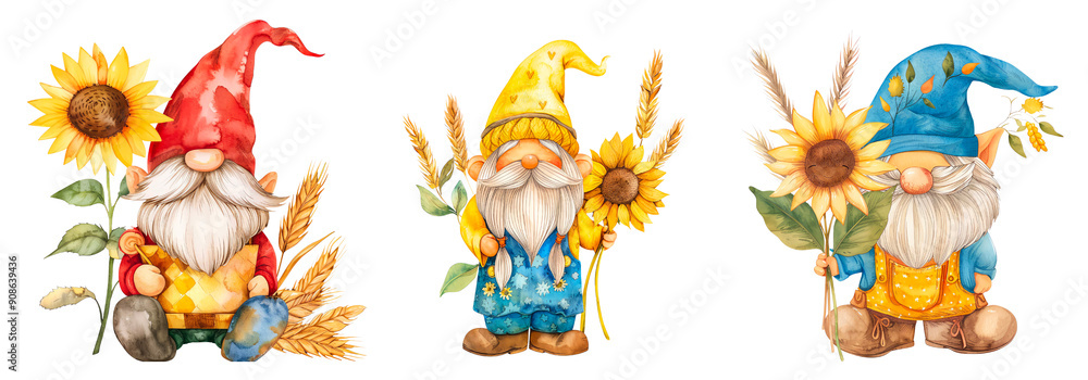 Obraz premium Set of Kawaii Gnome holding sunflower and wheat clipart isolated on transparent background