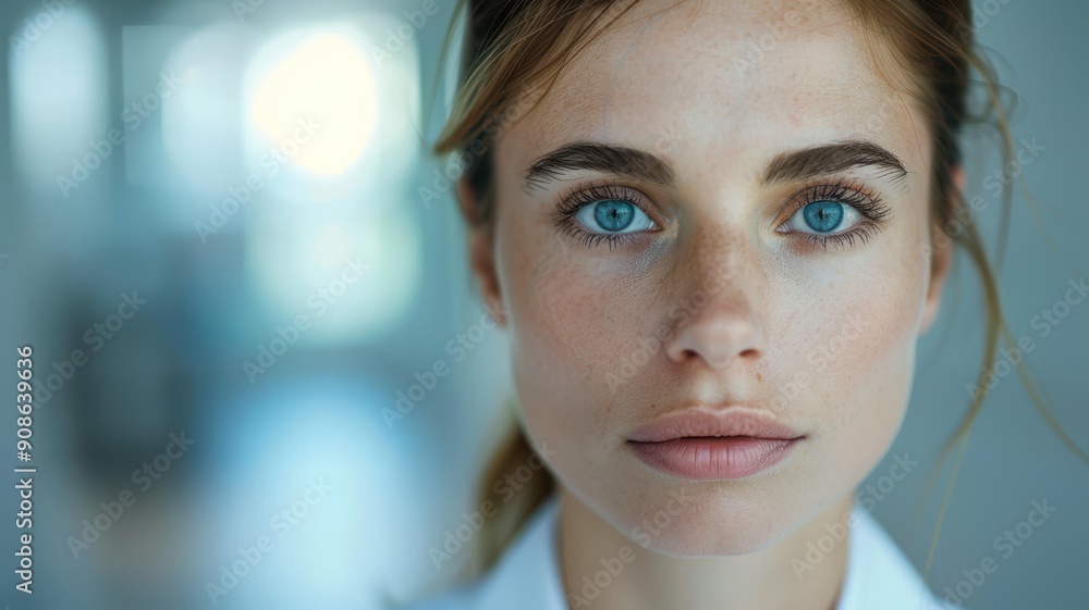 Close-up portrait of a young German female doctor with a confident expression, wearing a lab coat and stethoscope, in a clinical setting. Close-up portrait of a young German female doctor with a confident expression, wearing a lab coat and stethoscope, in a clinical setting.