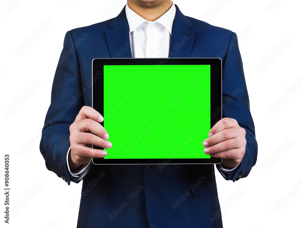 Businessman in a blue suit with a tablet on a transparent background Businessman in a blue suit with a tablet on a transparent background