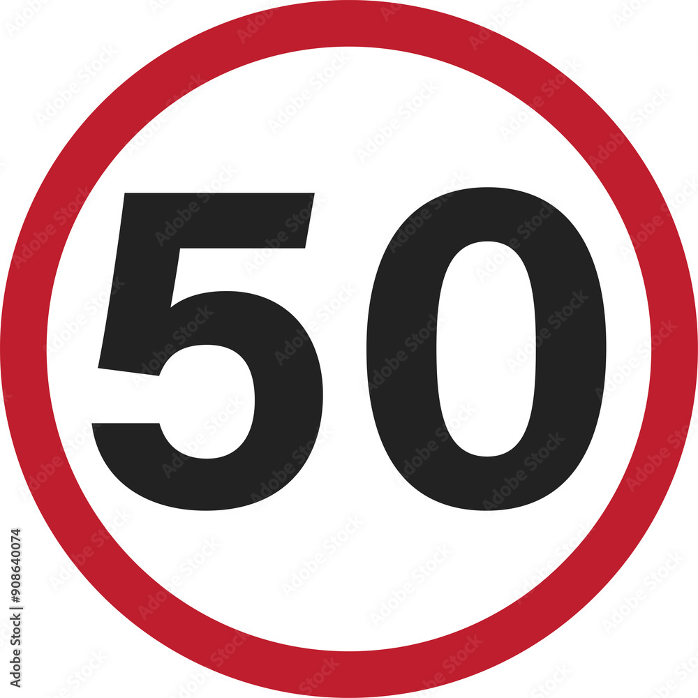 Isolated speed limit 50 kilometers per hour or mph sign, in red circle label Isolated speed limit 50 kilometers per hour or mph sign, in red circle label