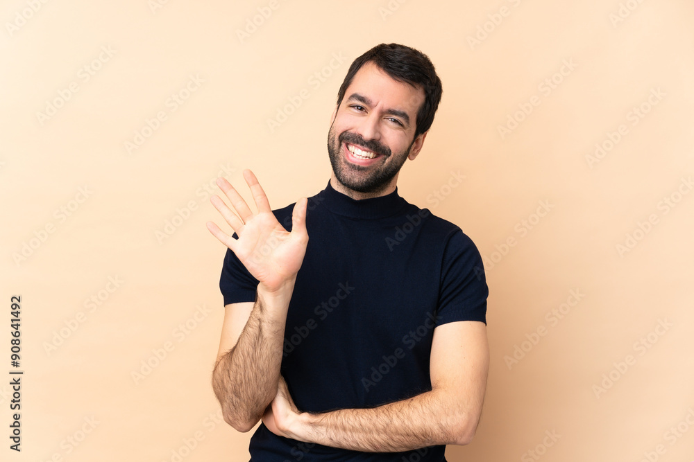 Caucasian handsome man over isolated background counting five with fingers Caucasian handsome man over isolated background counting five with fingers