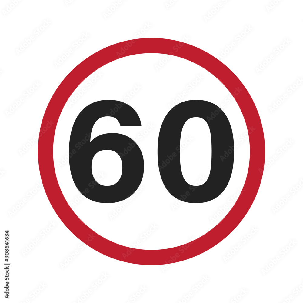 Isolated speed limit 60 kilometers per hour or mph sign, in red circle label Isolated speed limit 60 kilometers per hour or mph sign, in red circle label