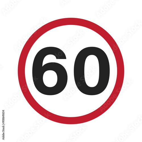 Isolated speed limit 60 kilometers per hour or mph sign, in red circle label