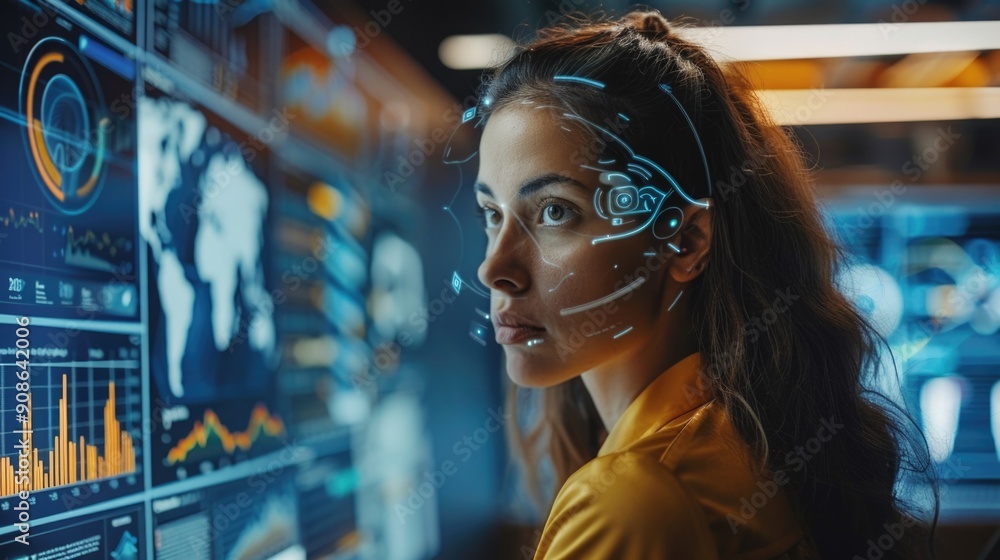 Woman in a high-tech environment with digital interface graphics overlaying her face. Background features multiple data screens displaying various charts and maps. Woman in a high-tech environment with digital interface graphics overlaying her face. Background features multiple data screens displaying various charts and maps.