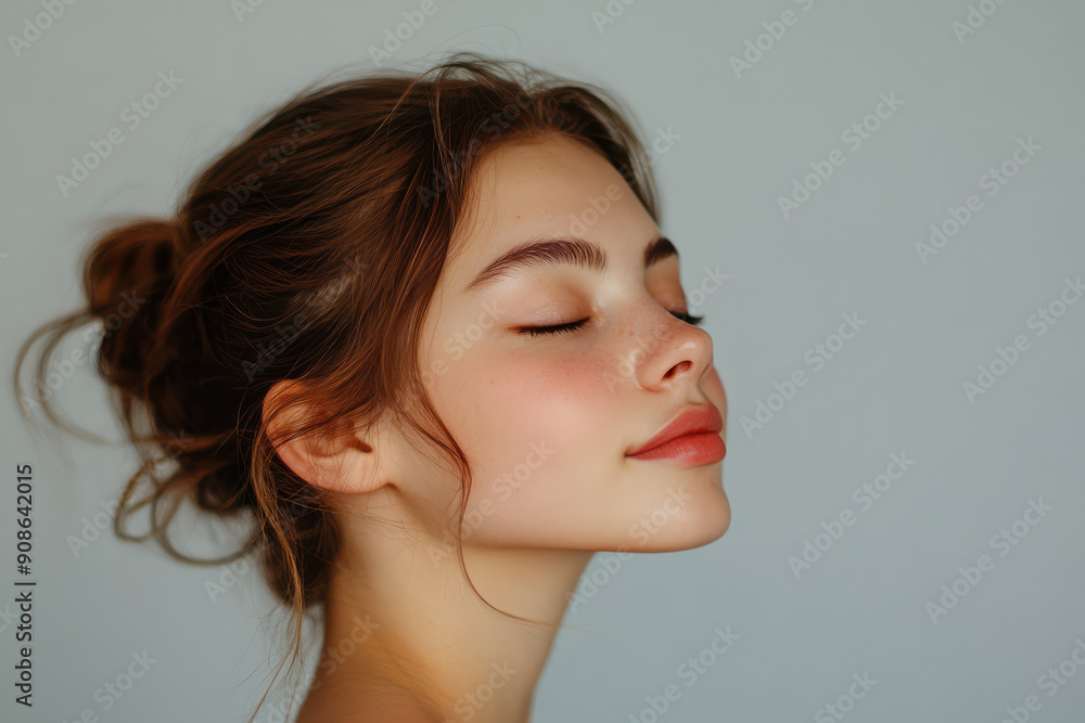 A close up of a girl's face with her eyes closed
