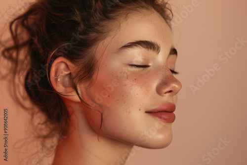 A close up of a girl's face with her eyes closed