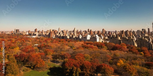 Autumn Central Park in NYC with downtown skyscrapers view from drone. Aerial of NYC Central Park panorama in Autumn. Autumn in Central Park. Autumn NYC. Central Park Fall foliage. photo