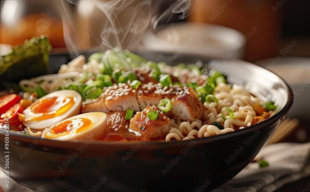Delicious bowl of ramen with flavorful broth, eggs, and fresh vegetables, perfect for food lovers and culinary enthusiasts. Delicious bowl of ramen with flavorful broth, eggs, and fresh vegetables, perfect for food lovers and culinary enthusiasts.