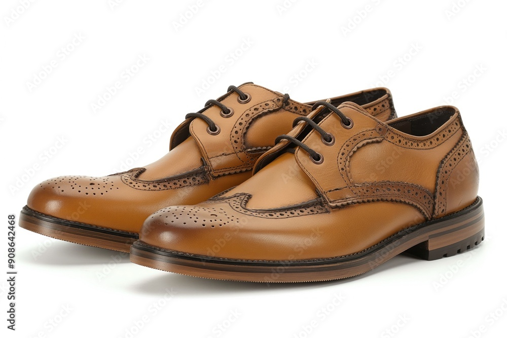 Brown leather shoes with pointed toes and round soles on white background. Pair of men shoes side by side, left slightly ahead. Neatly tied laces in bow add polished look. Brown leather shoes with pointed toes and round soles on white background. Pair of men shoes side by side, left slightly ahead. Neatly tied laces in bow add polished look.
