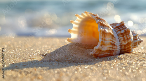 A seashell is laying on the sand and the sand is a shell, AI Generative photo