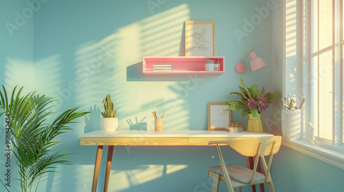 wooden desk with chair in kids room, white wall, clean desk, above desk is pastel shelf, very close-up of desk section, empty wall, AI Generative photo