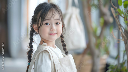 5 years old asian girl,smile,side view,carry a white canva bag,white background,full body shot, AI Generative photo