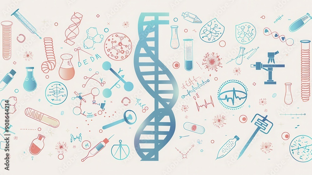 A double helix DNA strand stands at the center, surrounded by icons representing various fields of medical research and laboratory equipment. Generative AI A double helix DNA strand stands at the center, surrounded by icons representing various fields of medical research and laboratory equipment. Generative AI