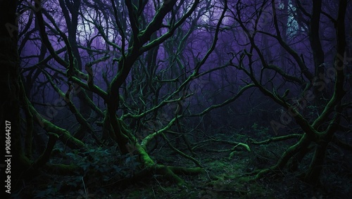 Enter the spooky forest with twisted branches casting eerie shadows in green and purple. Perfect for halloween designs, adding a touch of fear and mystery. Captivating backdrop for a dark aesthetic