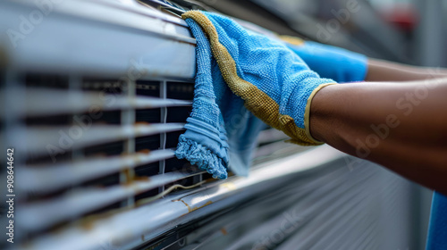 Photo man cleaning air conditioner with microfiber cloth, AI Generative photo