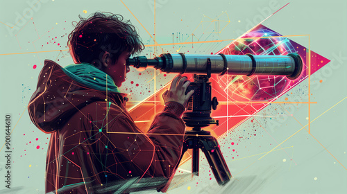 Garçon regardant dans une lunette astronomique, télescope, peinture minimaliste géométrique colorée avec effets mathématiques pour école d'ingénieur, faculté de sciences, études physiques, astronomie