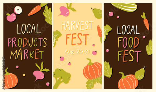 Hand drawn set of flyers, templates for stories farmers market, local products, harvest festival.