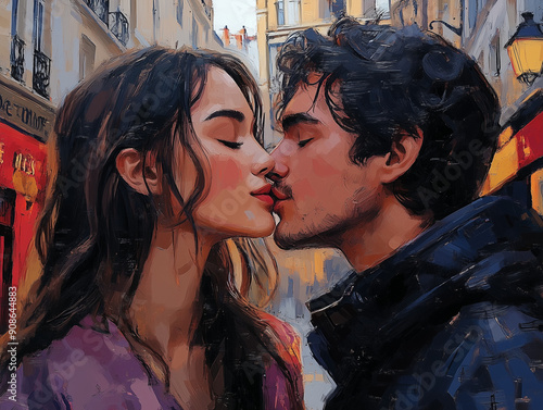 Peinture d'un jeune couple amoureux partageant un baiser passionné dans les rues de Paris photo