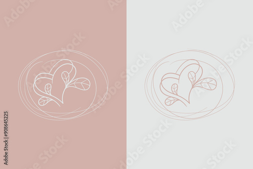 Branches with heart shape flowers. Hand drawn hearts with stems and leaves. Vector illustration for Valentine's day. Simple plants elements.