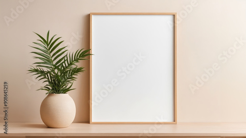 Empty horizontal frame mockup in modern minimalist interior with plant in trendy vase on beige wall background