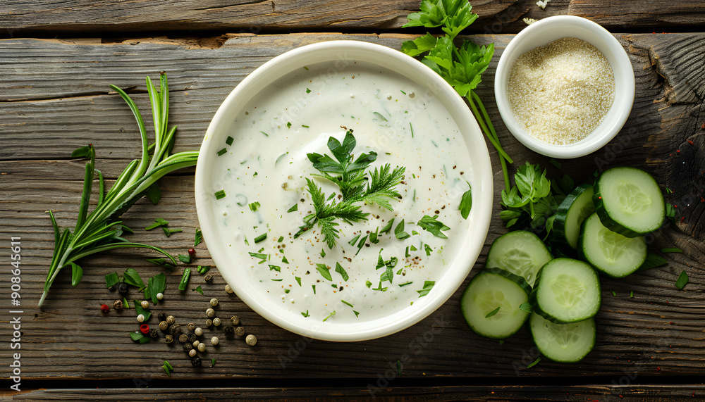 Ranch whte sauce in white bowl with cucumber, herbs and spices on old wooden table Ranch whte sauce in white bowl with cucumber, herbs and spices on old wooden table