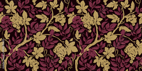 Traditional pattern with grape vine and rosehip branches with flowers. Seamless pattern, botanical background, vector illustration, freehand drawing.	