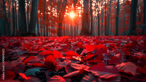 High angle shot of red Autumn leaves on the ground in a forest with trees on the back at sunset, AI Generative photo