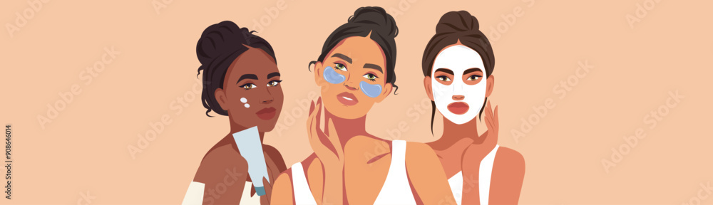 Women of different skin colors and cultures take care of their skin. Facial care cosmetics, creams, masks, serums, patches. Vector illustration on the theme of beauty for a website, banner with text Women of different skin colors and cultures take care of their skin. Facial care cosmetics, creams, masks, serums, patches. Vector illustration on the theme of beauty for a website, banner with text
